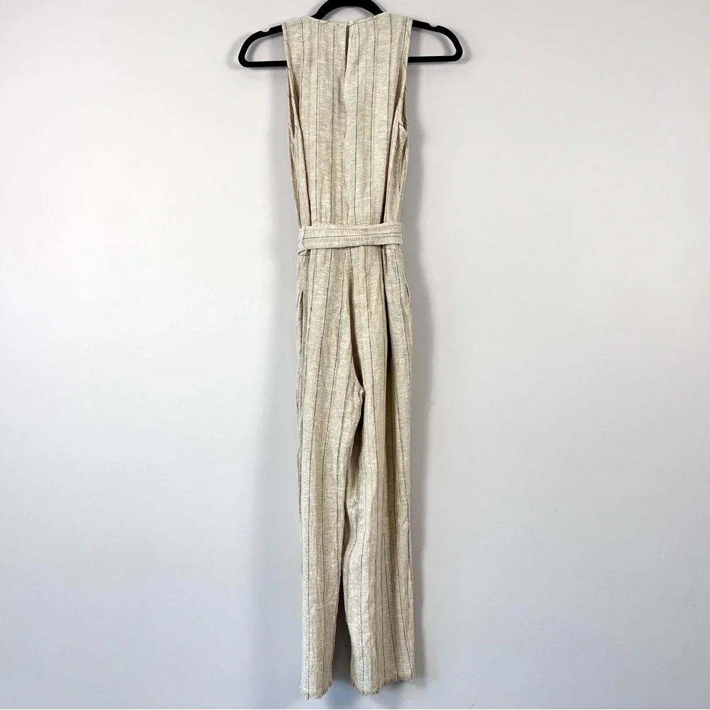 DREW x Anthropologie Striped Khaki Linen Blend Cropped Jumpsuit XS